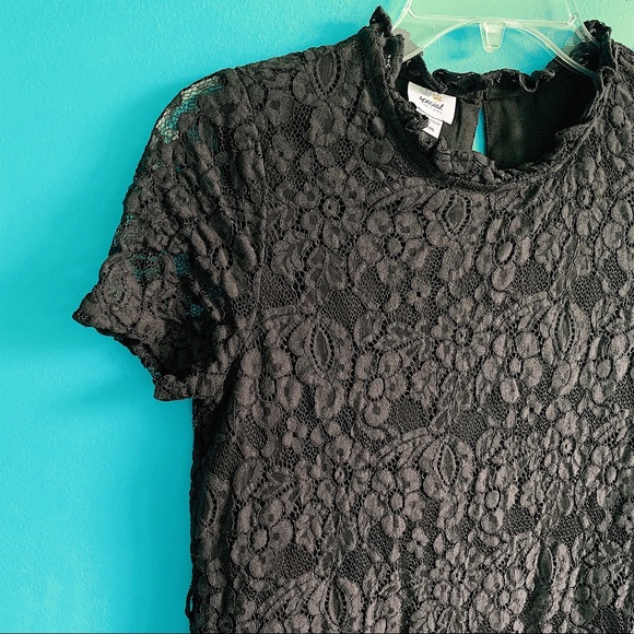Short Sleeve Black Dress With Floral Lace Overlay - Picture 6 of 7